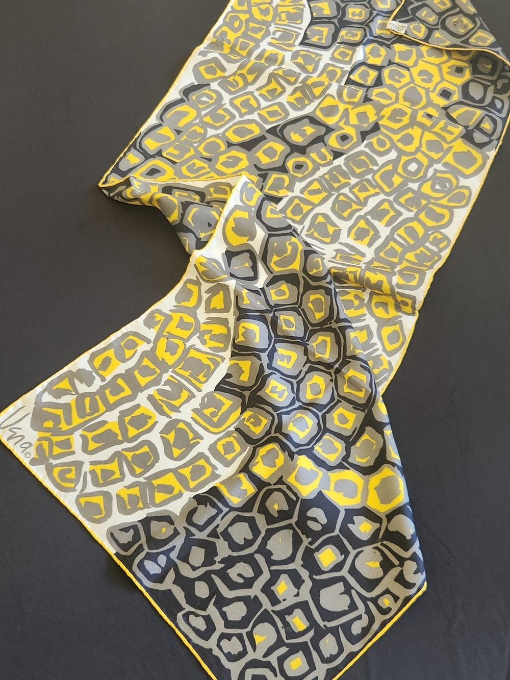 Vintage Scarves by Vera Neumann 100% Silk  Scarf Yellow Gray Black Mod Print